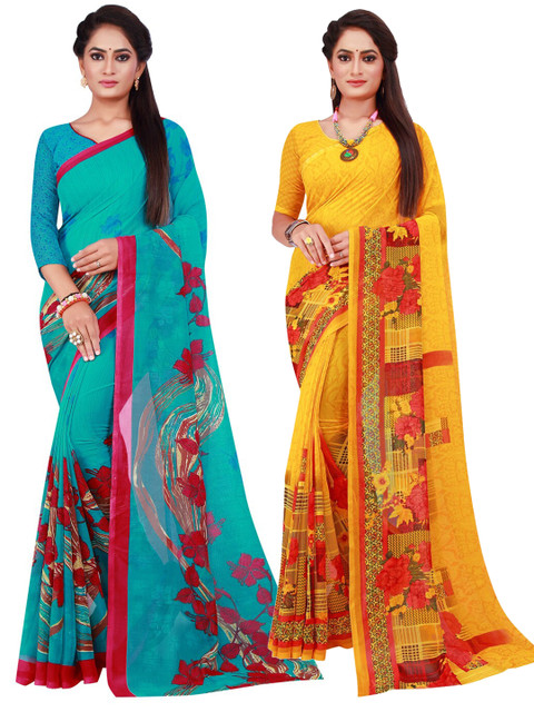 

Florence Set Of 2 Yellow & Turquoise Blue Floral Pure Georgette Saree