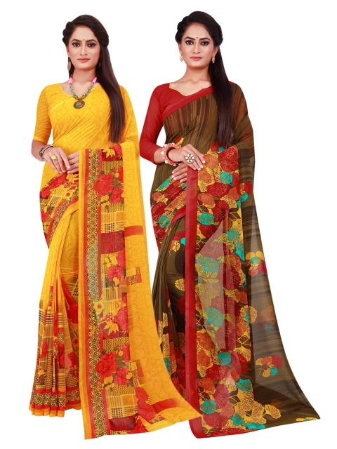 

Florence Pack of 2 Yellow & Brown Floral Pure Georgette Sarees