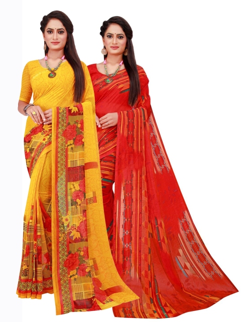 

Florence Pack Of 2 Yellow & Red Floral Pure Georgette Saree