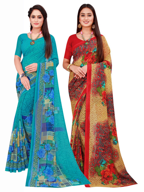 

Florence Turquoise Blue & Red Pure Georgette Saree