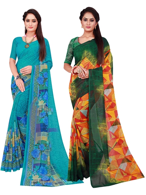

Florence Turquoise Blue & Green Set Of 2 Floral Pure Georgette Saree