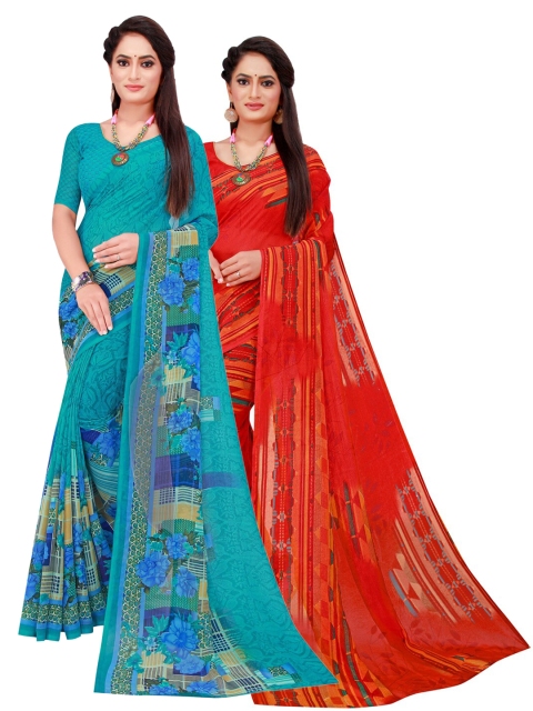 

Florence Turquoise Blue & Red Printed Pure Georgette Saree