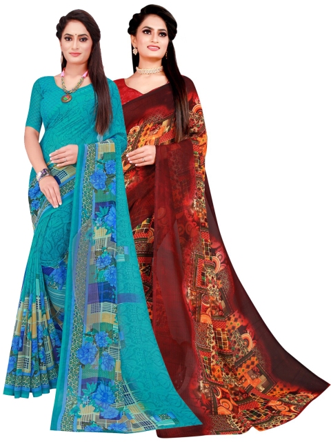 

Florence Turquoise Blue & Brown Set of 2 Floral Printed Georgette Saree