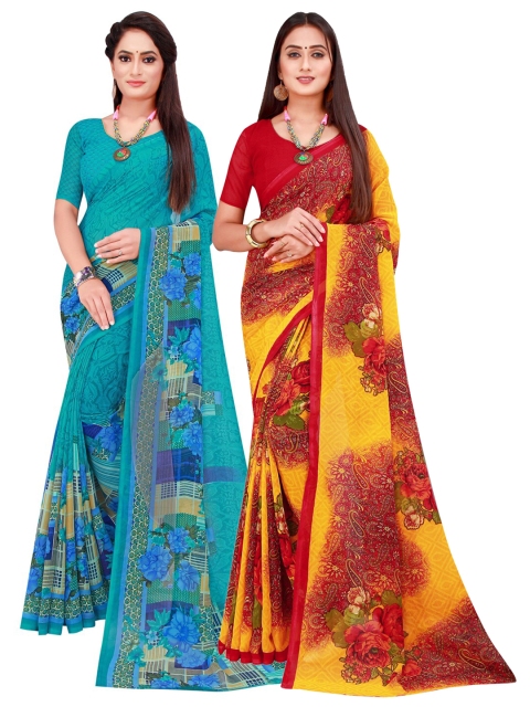 

Florence Pack of 2 Turquoise Blue & Maroon Floral Pure Georgette Sarees