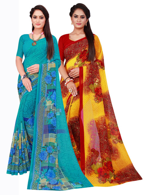 

Florence Maroon & Blue Set Of 2 Floral Pure Georgette Saree
