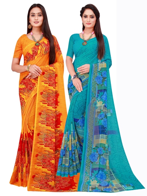 

Florence Orange & Turquoise Blue Set of 2 Floral Printed Georgette Saree
