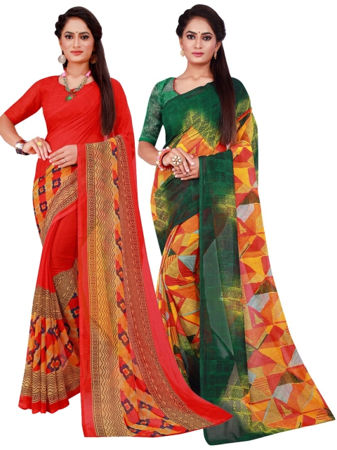 

Florence Pack Of 2 Red & Green Floral Pure Georgette Sarees