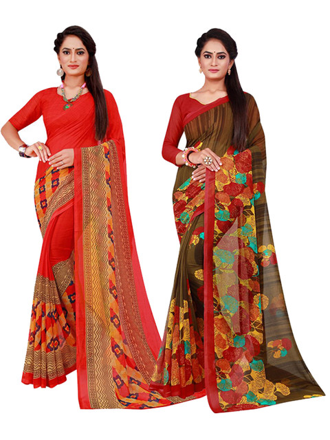 

Florence Pack Of 2 Red & Brown Floral Pure Georgette Saree