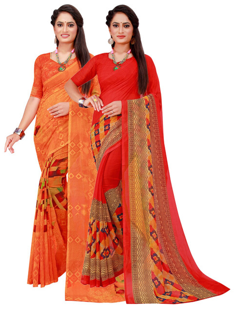 

Florence Orange & Red Set Of 2 Floral Pure Georgette Saree