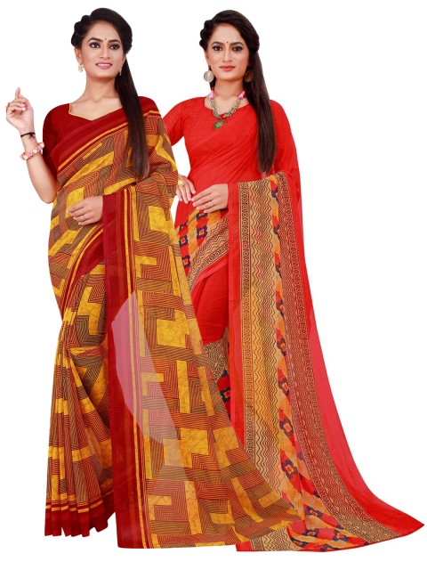 

Florence Maroon & Yellow Printed Pure Georgette Saree Pack Of 2