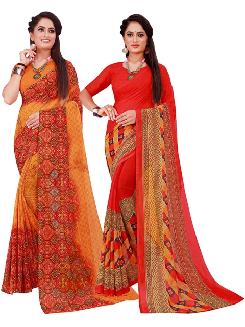 

Florence Pack Of 2 Orange & Red Floral Pure Georgette Saree