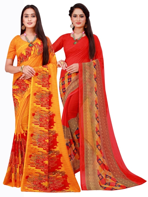 

Florence Pack of 2 Orange & Red Floral Pure Georgette Sarees