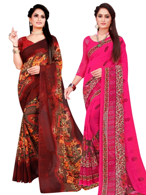

Florence Set Of 2 Magenta & Brown Floral Pure Georgette Saree