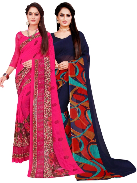 

Florence Navy Blue & Magenta Set Of 2 Floral Pure Georgette Saree
