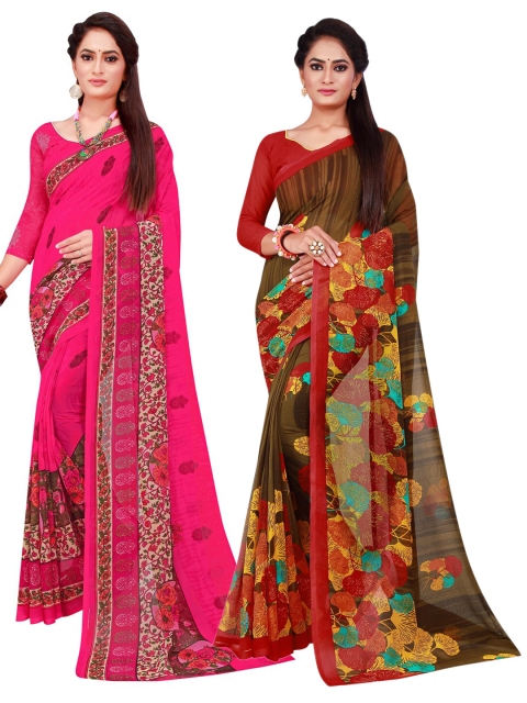 

Florence Magenta & Yellow Set Of 2 Floral Pure Georgette Saree
