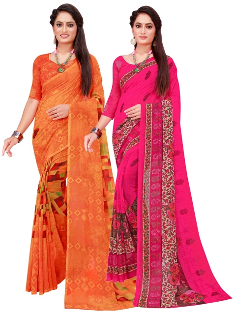 

Florence Orange & Magenta Set Of 2 Floral Pure Georgette Saree