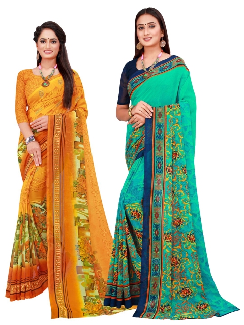 

KALINI Pack Of 2 Yellow & Green Floral Pure Georgette Saree