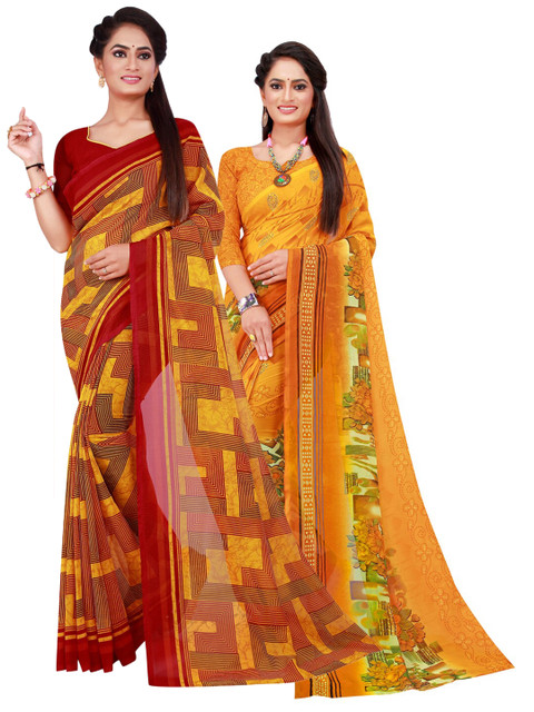

KALINI Pack Of 2 Yellow & Orange Pure Georgette Saree