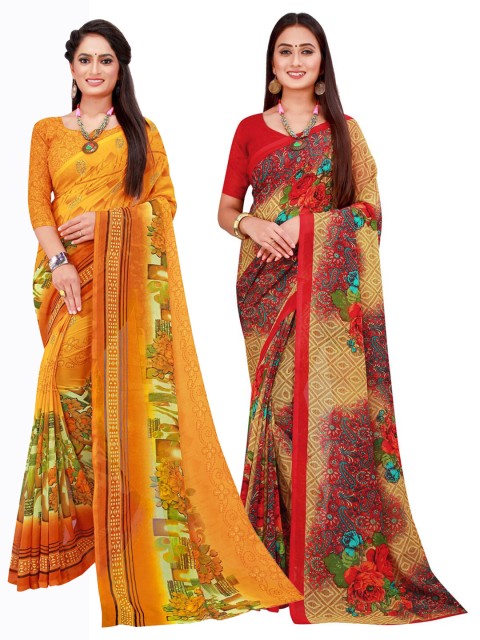 

KALINI Pack of 2 Yellow & Beige Floral Pure Georgette Sarees