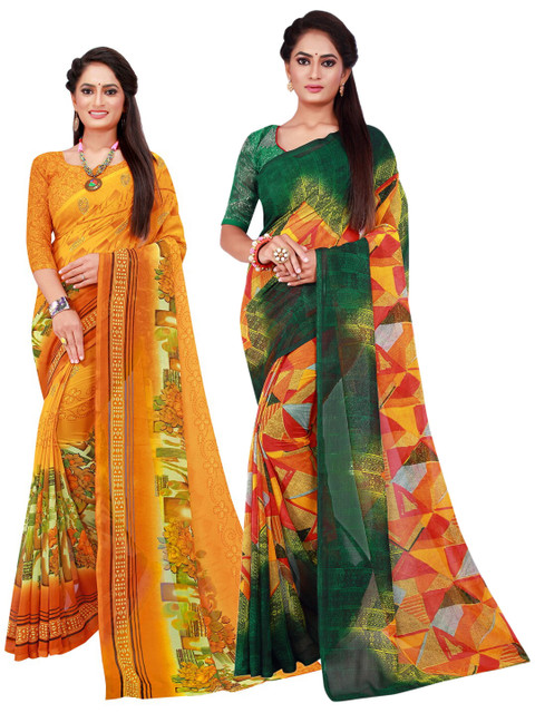 

KALINI Yellow & Green Set Of 2 Floral Pure Georgette Saree