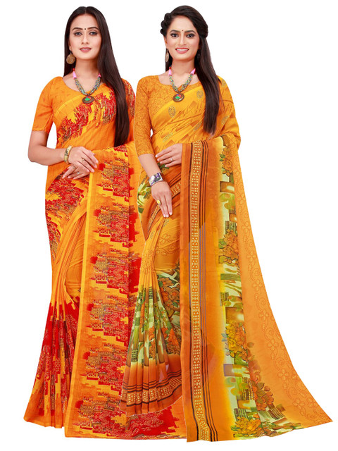 

KALINI Yellow & Red Set of 2 Floral Printed Georgette Saree