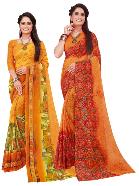 

KALINI Yellow & Orange Printed Pure Georgette Saree