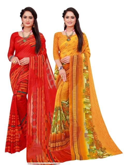 

KALINI Yellow & Red Set Of 2 Floral Pure Georgette Saree