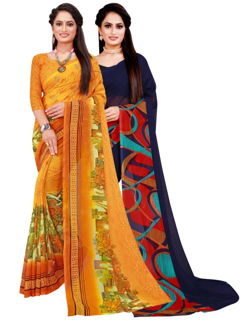 

KALINI Pack Of 2 Yellow & Navy Blue Pure Georgette Saree
