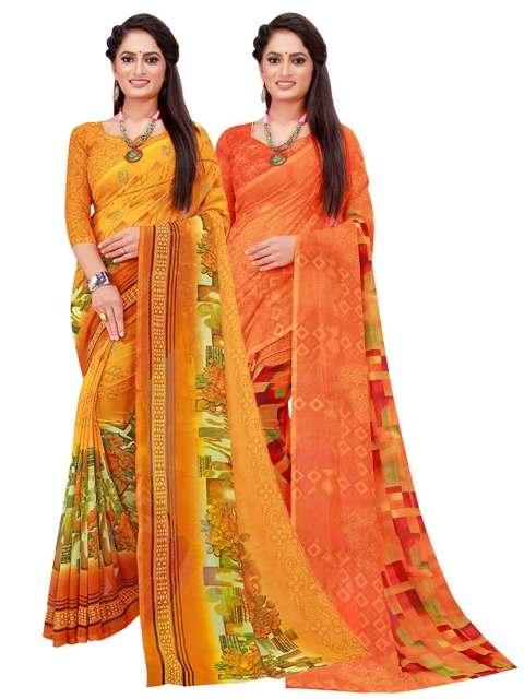 

KALINI Yellow & Orange Floral Printed Pure Georgette Saree Pack Of 2