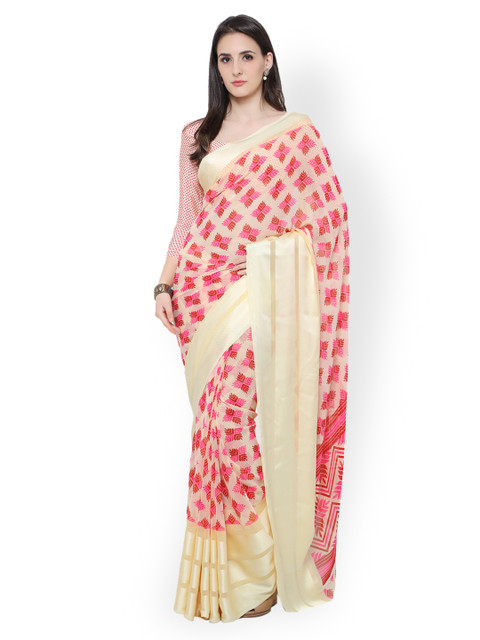 

Touch Trends Cream-Coloured & Pink Satin & Georgette Printed Saree