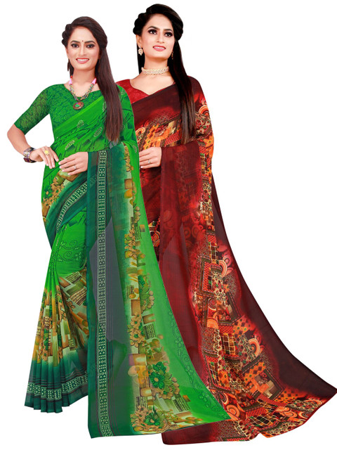 

KALINI Pack of 2 Green & Brown Pure Georgette Sarees