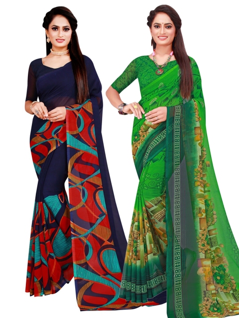 

KALINI Pack Of 2 Green & Violet Pure Georgette Saree