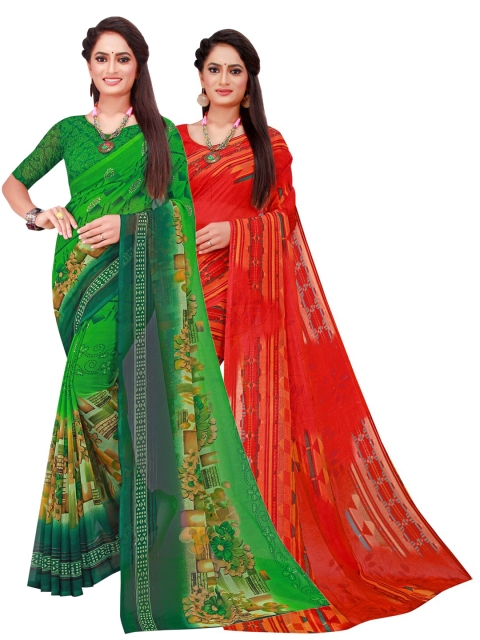 

KALINI Green & Red Set Of 2 Floral Pure Georgette Saree