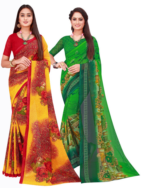 

KALINI Green & Maroon Floral Printed Pure Georgette Saree Pack Of 2