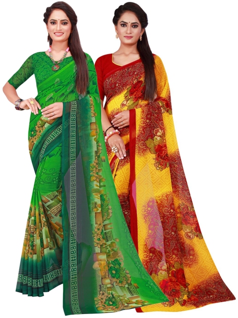 

KALINI Pack Of 2 Green & Yellow Floral Pure Georgette Saree