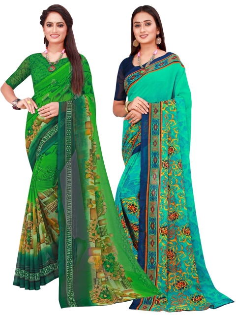 

KALINI Pack Of 2 Green & Blue Pure Georgette Saree