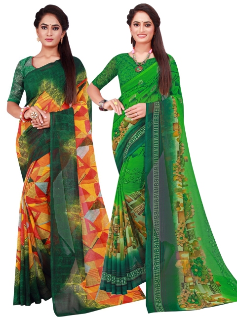 

KALINI Pack of 2 Green & Yellow Pure Georgette Sarees