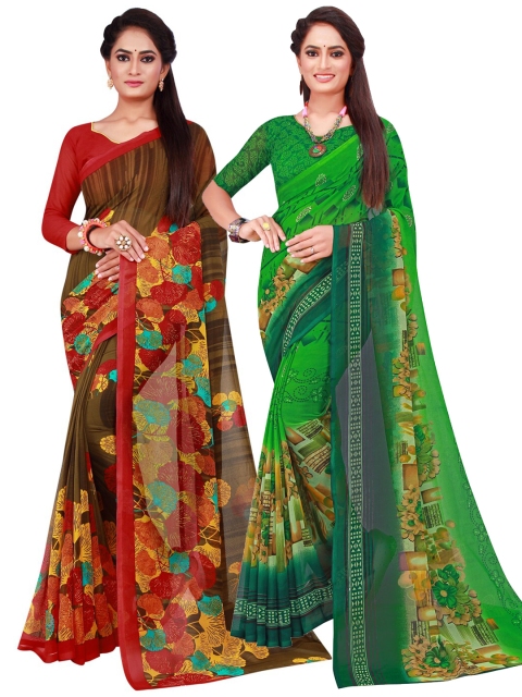 

KALINI Green & Brown Set Of 2 Floral Pure Georgette Saree