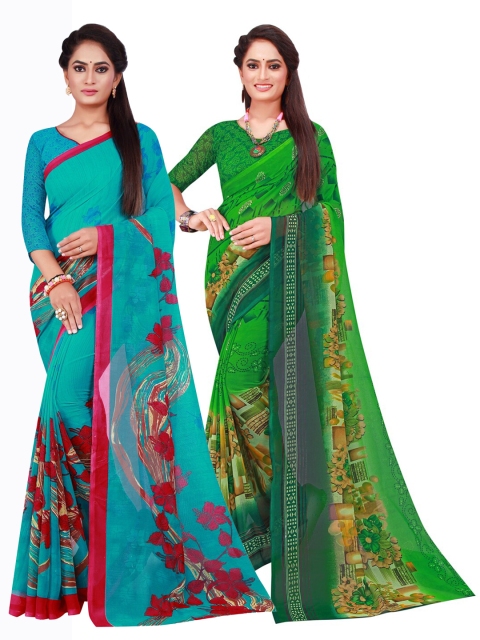 

KALINI Green & Teal Floral Printed Pure Georgette Saree Pack Of 2