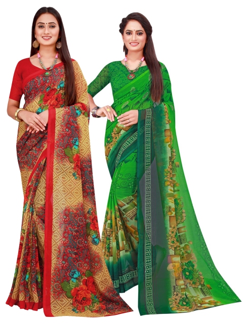 

KALINI Pack of 2 Green & Red Pure Georgette Sarees