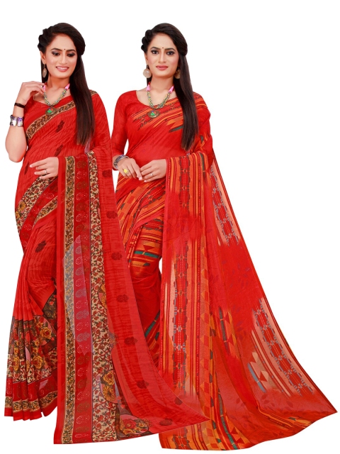 

KALINI Set Of 2 Red & Green Floral Pure Georgette Saree