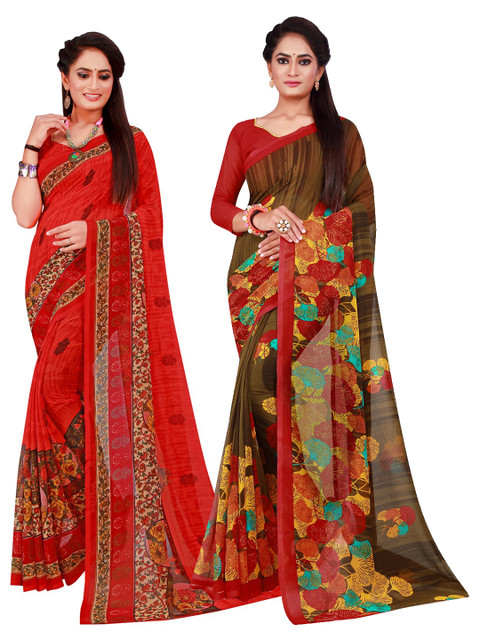 

KALINI Pack Of 2 Red & Brown Floral Pure Georgette Saree