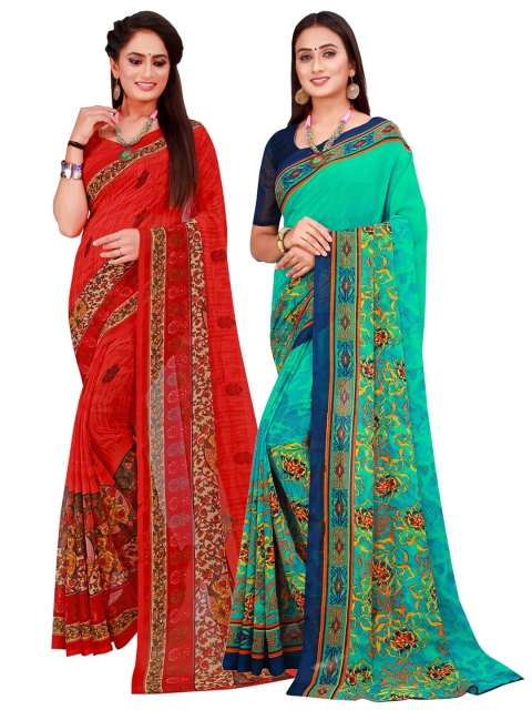 

KALINI Green & Red Set of 2 Floral Printed Georgette Saree