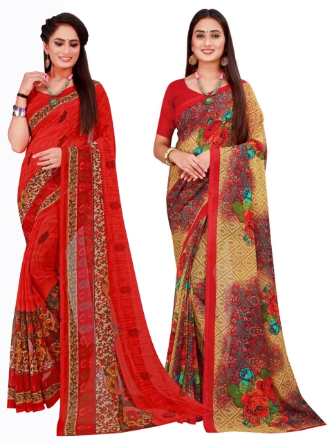 

KALINI Red & Beige Set Of 2 Floral Pure Georgette Saree