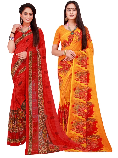 

KALINI Pack Of 2 Orange & Red Floral Pure Georgette Saree