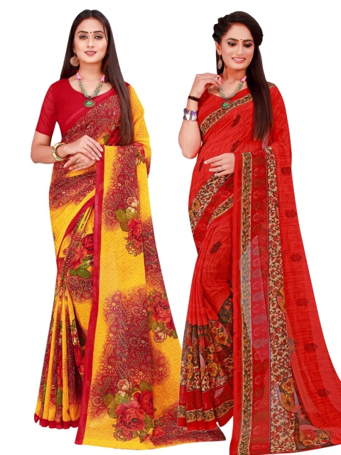 

KALINI Set Of 2 Red & Yellow Floral Pure Georgette Saree