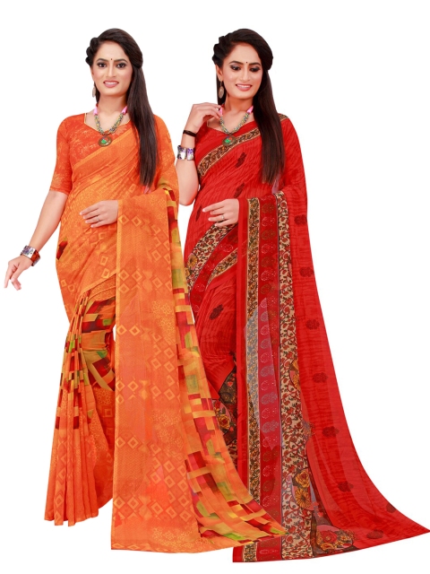 

KALINI Orange & Red Set of 2 Floral Printed Georgette Saree