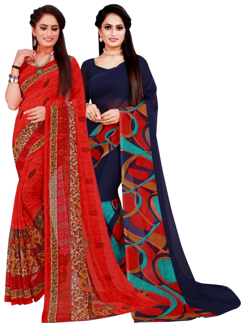 

KALINI Pack of 2 Navy Blue & Red Floral Pure Georgette Sarees