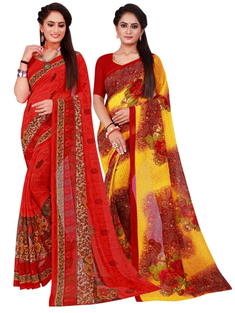 

KALINI Pack Of 2 Maroon & Red Floral Pure Georgette Saree