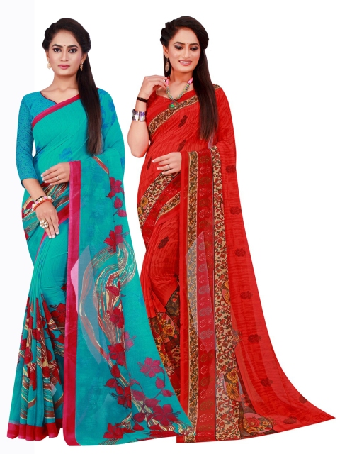 

KALINI Set Of 2 Red & Turquoise Blue Floral Pure Georgette Saree